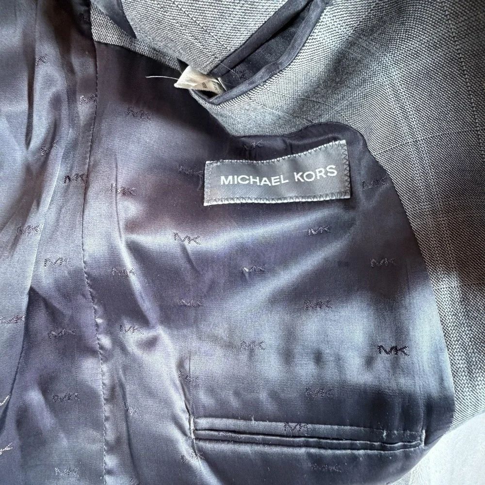Michael Kors Mens Sz 42R Modern Fit Wool Blend Plaid Suit Jacket Light Grey Blue